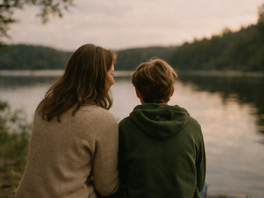Mamma och son vid sjön